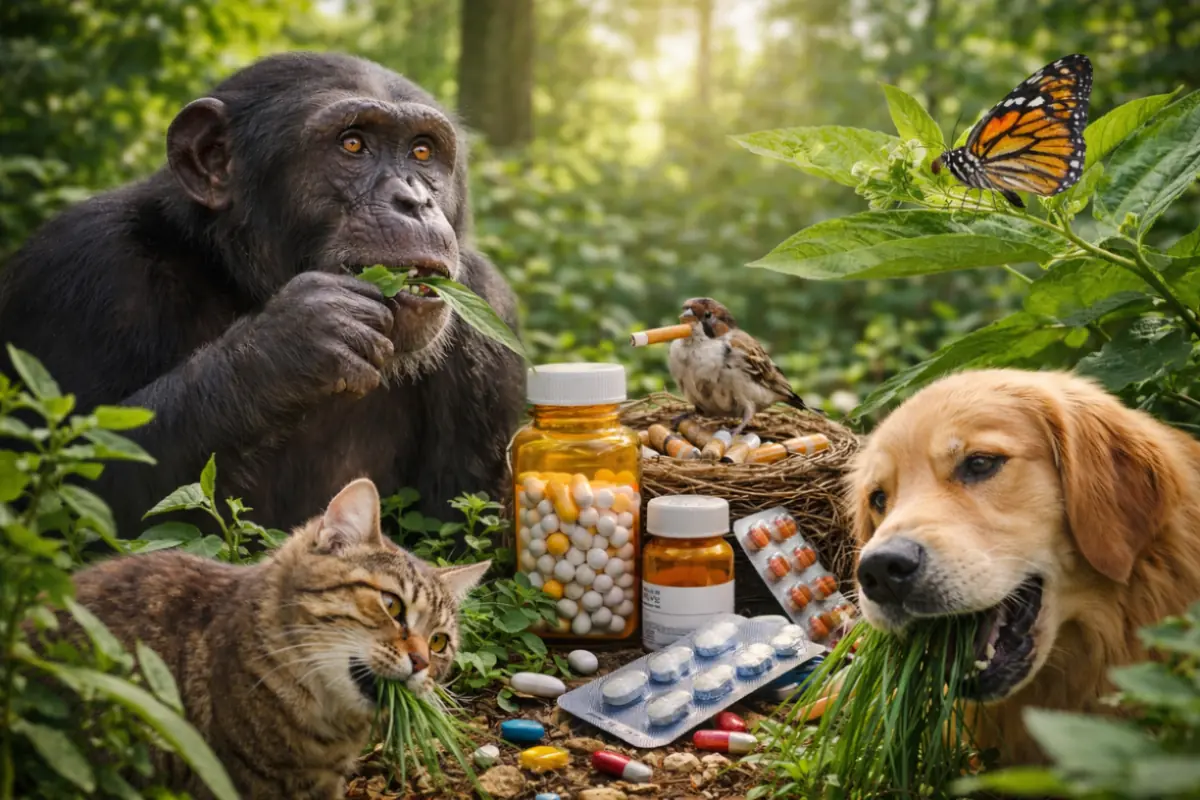 Animali che utilizzano rimedi naturali per curarsi tra erbe e piante medicinali nella natura