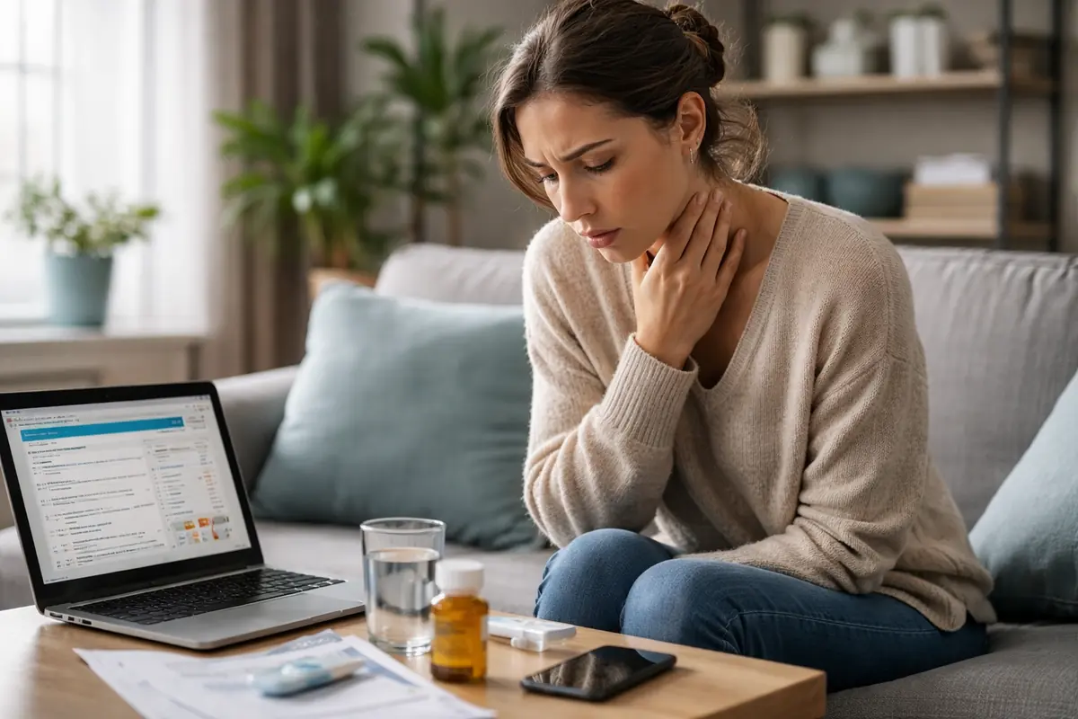 Donna preoccupata per la propria salute mentre cerca sintomi su internet seduta sul divano di casa