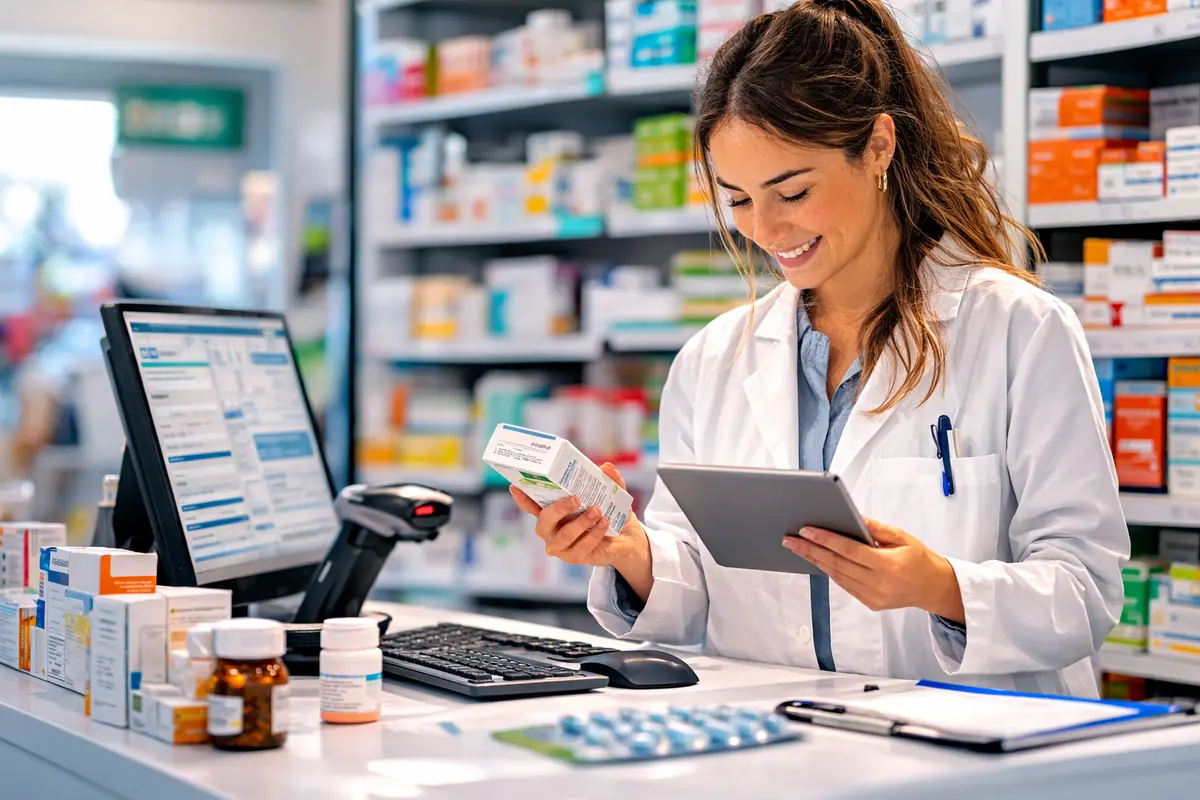 ragazza farmacista al banco della farmacia mentre controlla una confezione di medicinali