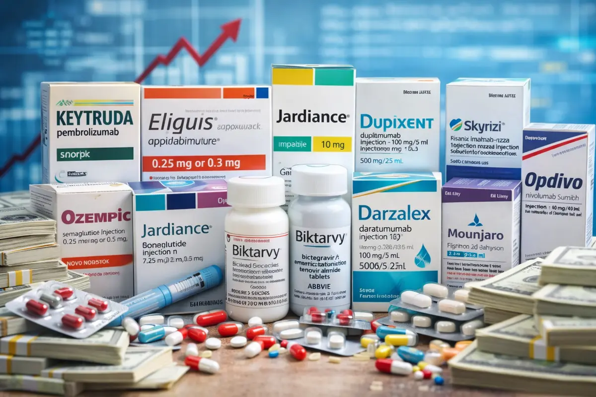 Farmaci blockbuster di Big Pharma con confezioni di medicinali e grafico di crescita dei ricavi nel settore farmaceutico