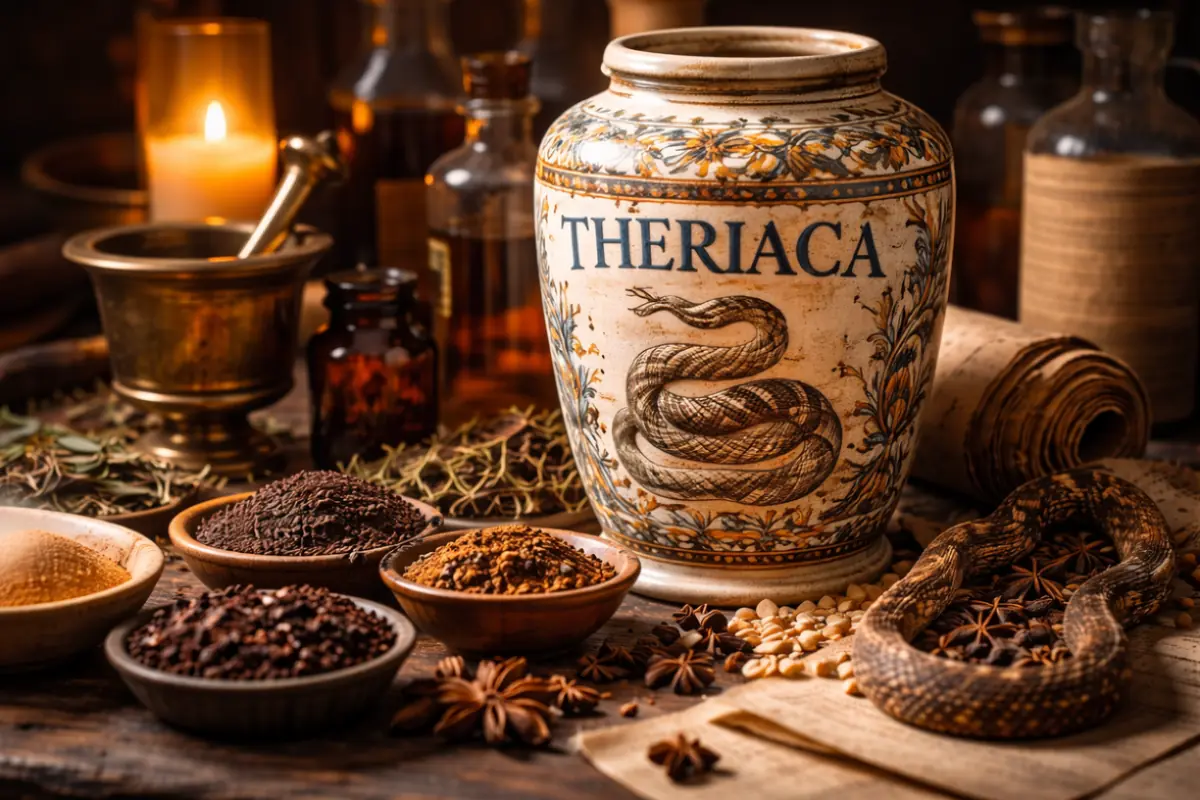 antico vaso della triaca con ingredienti medicinali in una farmacia storica