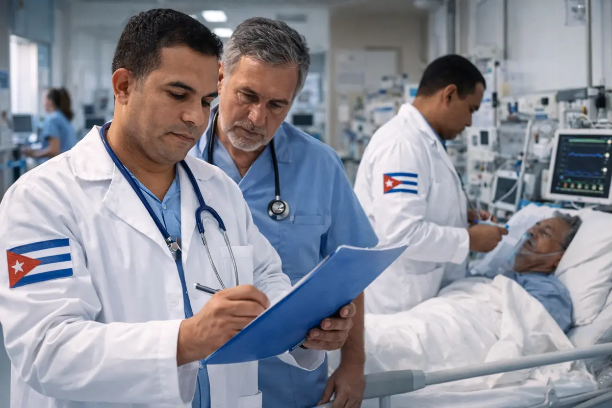 Medici cubani al lavoro in un reparto ospedaliero in Calabria durante una visita a un paziente