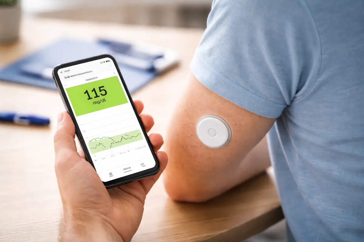 Persona con sensore per monitoraggio continuo della glicemia controlla i valori su smartphone per il diabete di tipo 2
