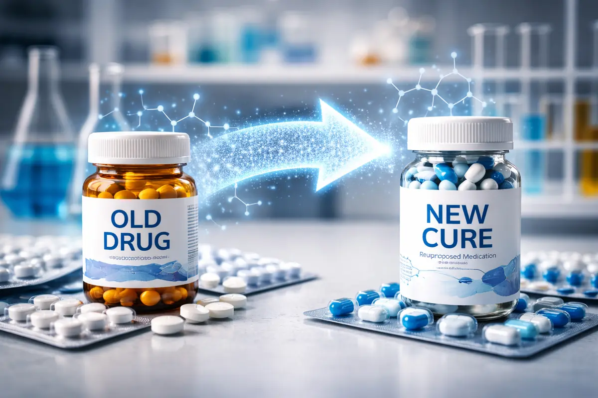 concetto di riposizionamento dei farmaci con trasformazione di una vecchia medicina in una nuova cura